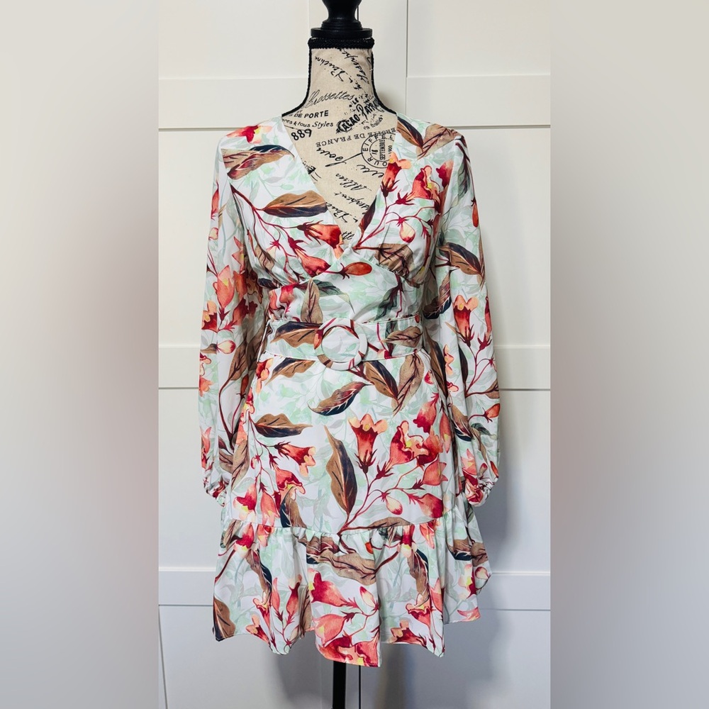 Floral V-Neck Dress with Long Sleeves